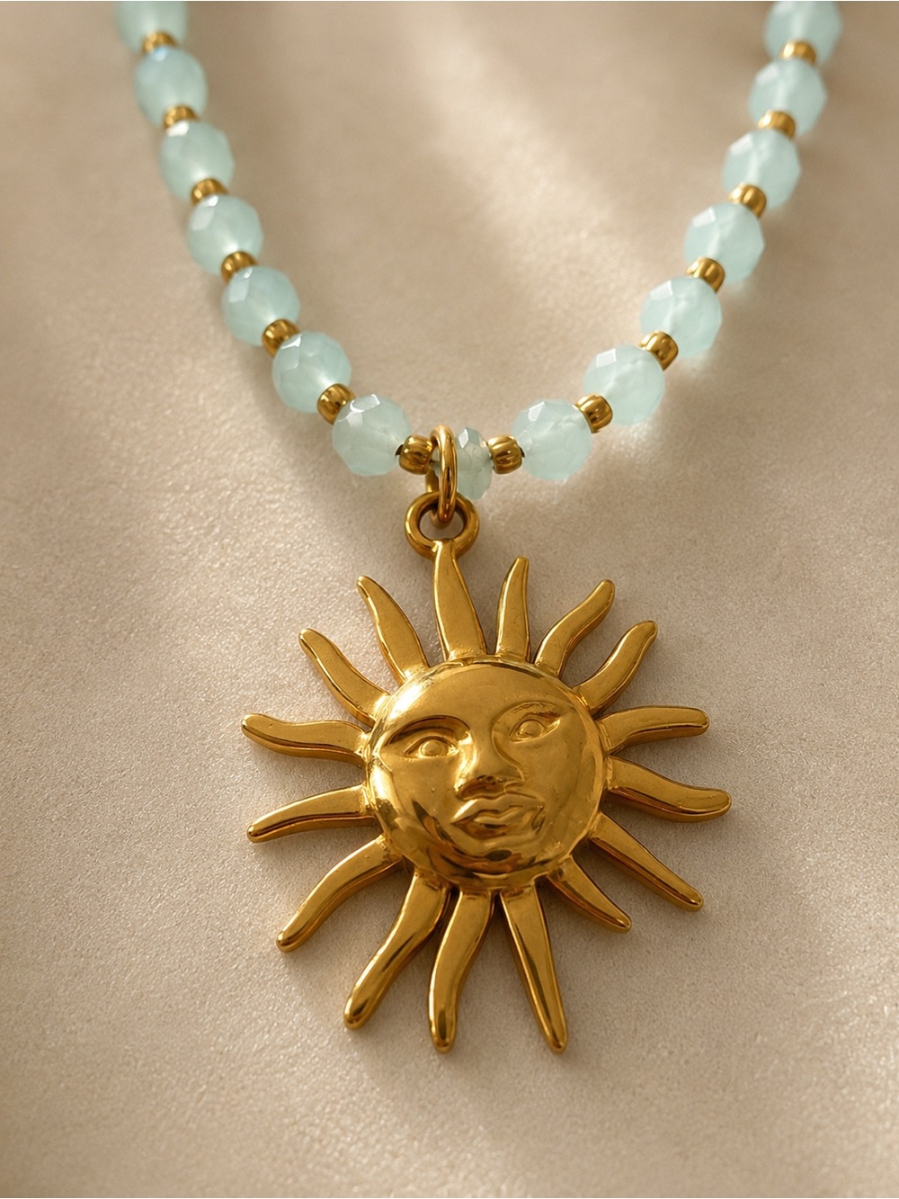 Golden Sun Pendant Necklace with Pale Aqua Beads - Picture 4 of 8